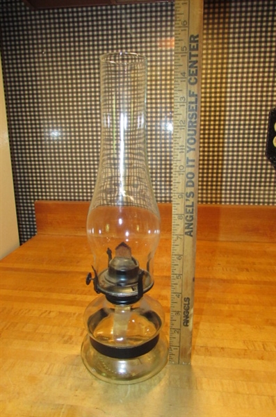 2 VINTAGE OIL LAMPS & BOTTLE OF LAMP OIL