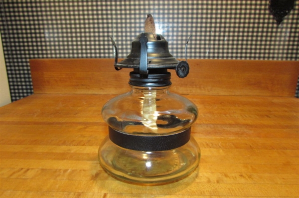 2 VINTAGE OIL LAMPS & BOTTLE OF LAMP OIL