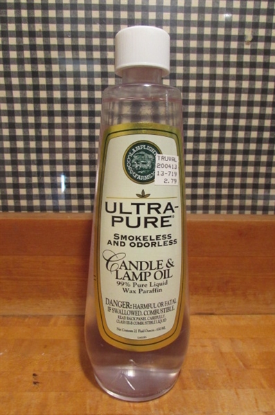 2 VINTAGE OIL LAMPS & BOTTLE OF LAMP OIL