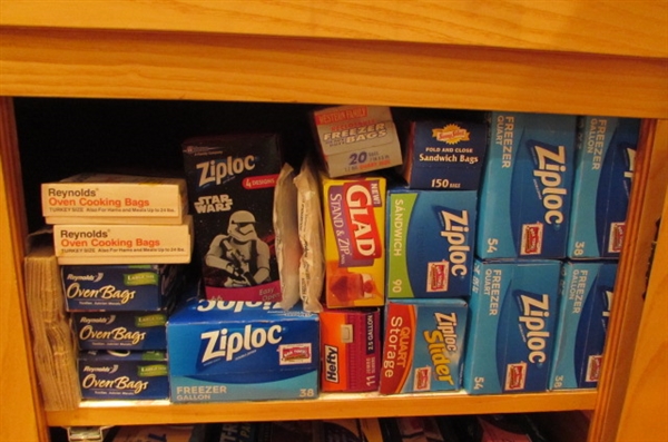 LARGE LOT OF ZIP LOCK BAGS, ALUMINUM FOIL, PLASTIC WRAP, FREEZER PAPER AND MORE