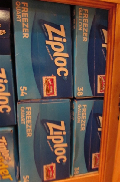 LARGE LOT OF ZIP LOCK BAGS, ALUMINUM FOIL, PLASTIC WRAP, FREEZER PAPER AND MORE