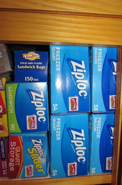 LARGE LOT OF ZIP LOCK BAGS, ALUMINUM FOIL, PLASTIC WRAP, FREEZER PAPER AND MORE