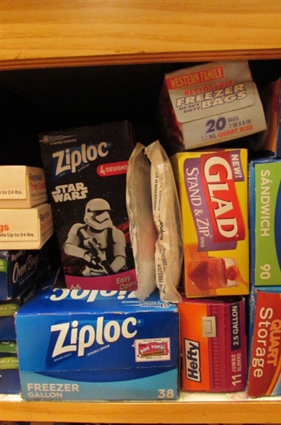 LARGE LOT OF ZIP LOCK BAGS, ALUMINUM FOIL, PLASTIC WRAP, FREEZER PAPER AND MORE