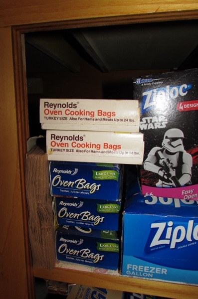 LARGE LOT OF ZIP LOCK BAGS, ALUMINUM FOIL, PLASTIC WRAP, FREEZER PAPER AND MORE