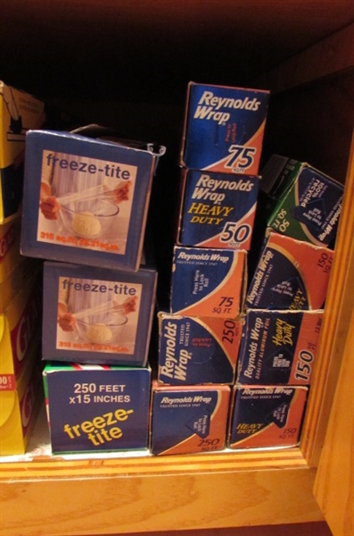 LARGE LOT OF ZIP LOCK BAGS, ALUMINUM FOIL, PLASTIC WRAP, FREEZER PAPER AND MORE