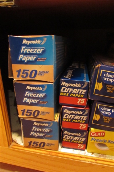 LARGE LOT OF ZIP LOCK BAGS, ALUMINUM FOIL, PLASTIC WRAP, FREEZER PAPER AND MORE
