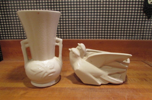 VINTAGE MCCOY - TALL 2-HANDLED VASE AND BIRD JARDINIERE