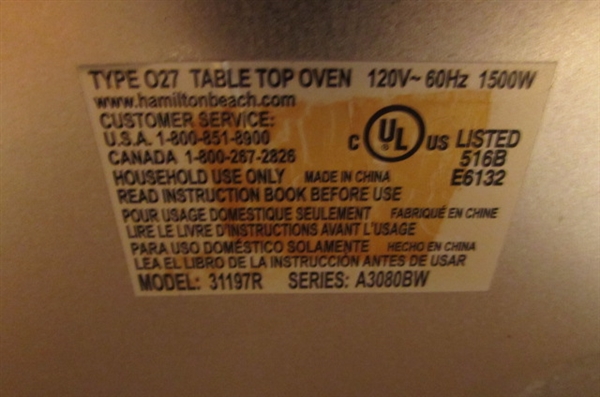 HAMILTON BEACH COUNTERTOP OVEN WITH CONVECTION.