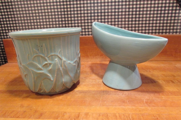 2 SMALL VINTAGE AQUA MCCOY JARDINIERES