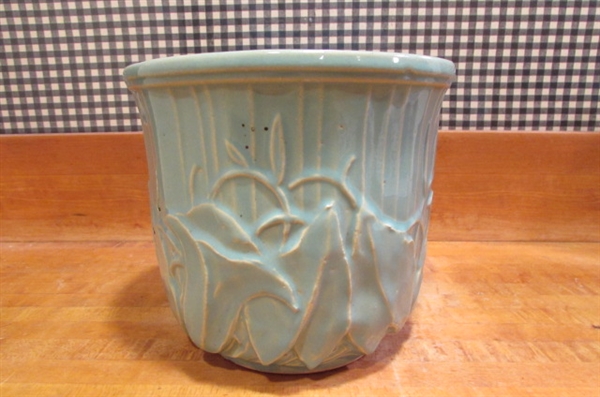 2 SMALL VINTAGE AQUA MCCOY JARDINIERES
