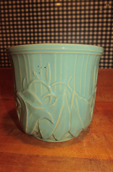 2 SMALL VINTAGE AQUA MCCOY JARDINIERES