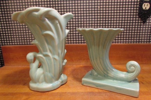 VINTAGE MCCOY VASES - AQUA SWAN & CORNUCOPIA