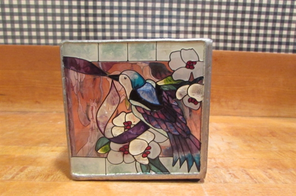 STAINED GLASS LOOK CANDLE HOLDER ON A ROUND MIRROR WITH TINY CLAY TEDDY BEAR