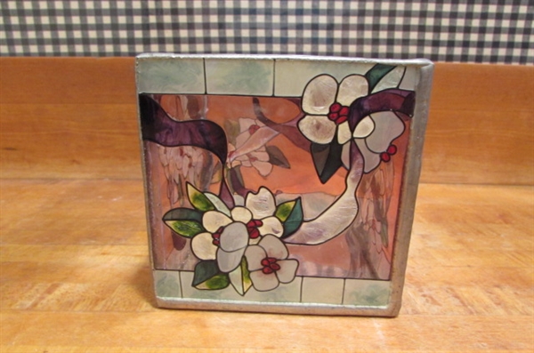 STAINED GLASS LOOK CANDLE HOLDER ON A ROUND MIRROR WITH TINY CLAY TEDDY BEAR