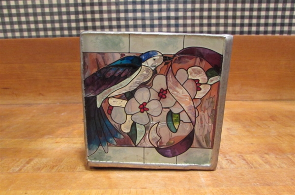STAINED GLASS LOOK CANDLE HOLDER ON A ROUND MIRROR WITH TINY CLAY TEDDY BEAR