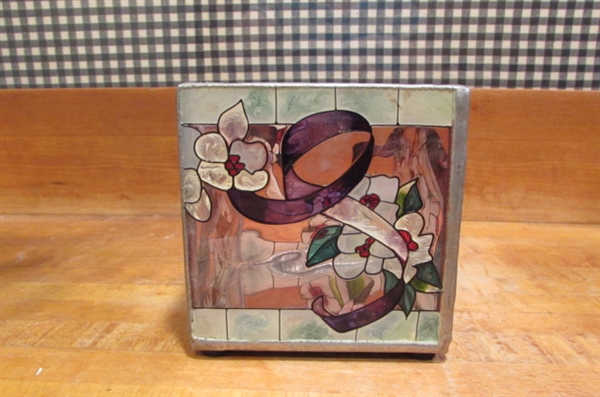 STAINED GLASS LOOK CANDLE HOLDER ON A ROUND MIRROR WITH TINY CLAY TEDDY BEAR