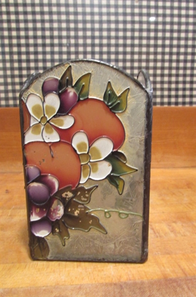STAINED GLASS LOOK CANDLE HOLDER ON A ROUND MIRROR WITH TINY CLAY TEDDY BEAR