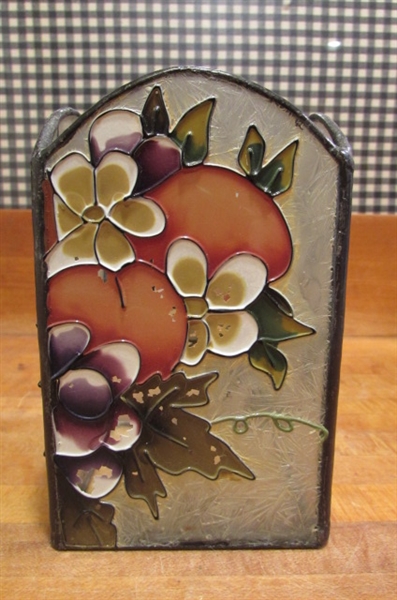 STAINED GLASS LOOK CANDLE HOLDER ON A ROUND MIRROR WITH TINY CLAY TEDDY BEAR