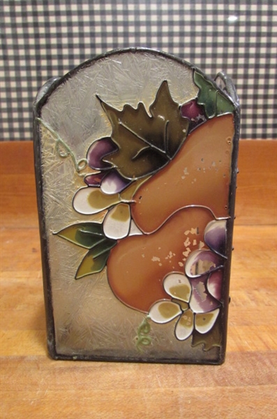 STAINED GLASS LOOK CANDLE HOLDER ON A ROUND MIRROR WITH TINY CLAY TEDDY BEAR