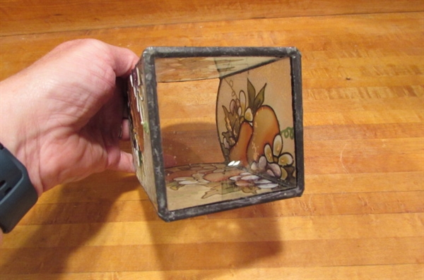 STAINED GLASS LOOK CANDLE HOLDER ON A ROUND MIRROR WITH TINY CLAY TEDDY BEAR
