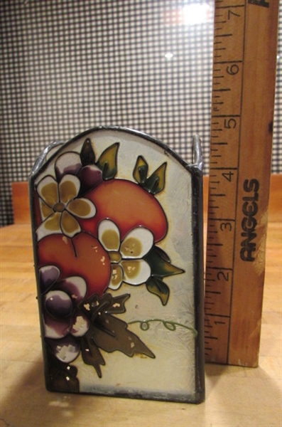 STAINED GLASS LOOK CANDLE HOLDER ON A ROUND MIRROR WITH TINY CLAY TEDDY BEAR