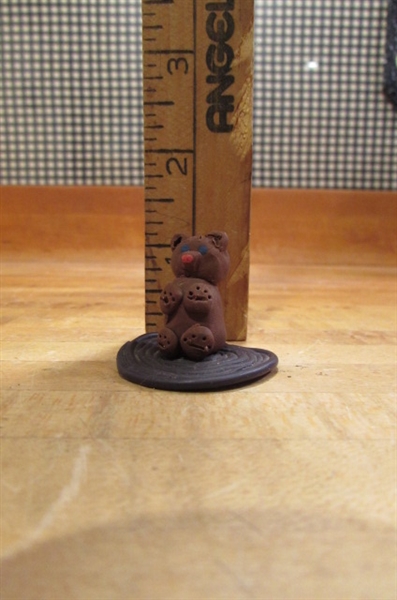 STAINED GLASS LOOK CANDLE HOLDER ON A ROUND MIRROR WITH TINY CLAY TEDDY BEAR