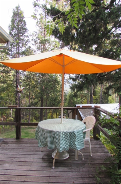 VINTAGE METAL PATIO TABLE WITH UMBRELLA, STAND, COVER & A RESIN CHAIR