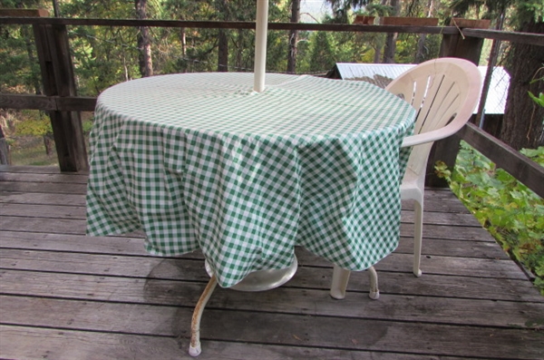 VINTAGE METAL PATIO TABLE WITH UMBRELLA, STAND, COVER & A RESIN CHAIR