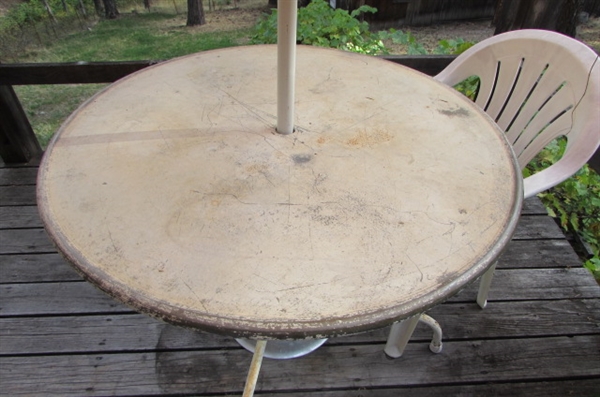 VINTAGE METAL PATIO TABLE WITH UMBRELLA, STAND, COVER & A RESIN CHAIR