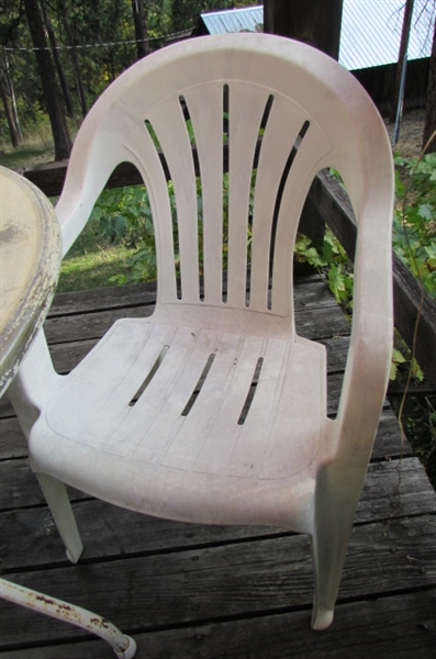 VINTAGE METAL PATIO TABLE WITH UMBRELLA, STAND, COVER & A RESIN CHAIR