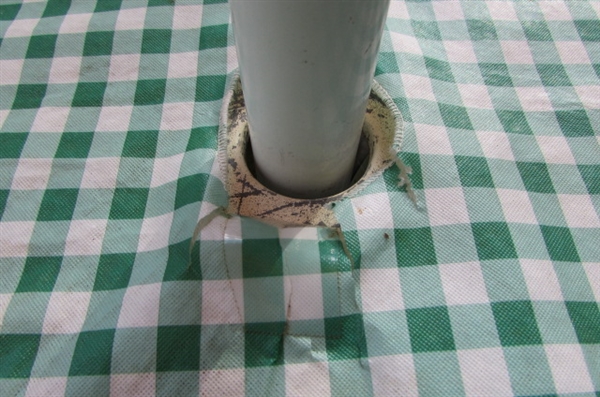 VINTAGE METAL PATIO TABLE WITH UMBRELLA, STAND, COVER & A RESIN CHAIR