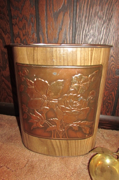 VINTAGE ROSE EMBOSSED TRASH CAN, BRASS TRINKET HOLDER, GLASS CANDLE HOLDERS & WALL CLOCK