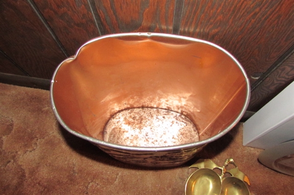 VINTAGE ROSE EMBOSSED TRASH CAN, BRASS TRINKET HOLDER, GLASS CANDLE HOLDERS & WALL CLOCK