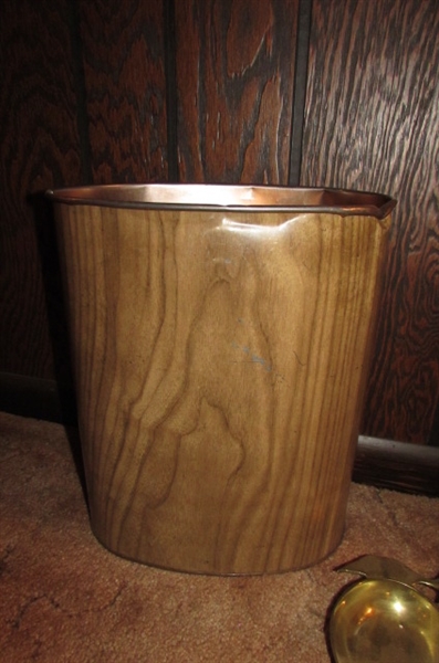 VINTAGE ROSE EMBOSSED TRASH CAN, BRASS TRINKET HOLDER, GLASS CANDLE HOLDERS & WALL CLOCK
