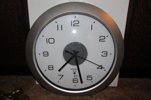 VINTAGE ROSE EMBOSSED TRASH CAN, BRASS TRINKET HOLDER, GLASS CANDLE HOLDERS & WALL CLOCK