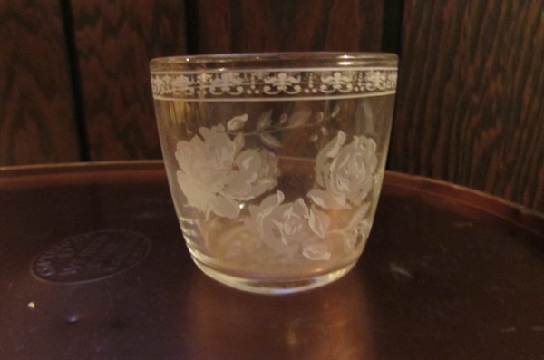 VINTAGE ROSE EMBOSSED TRASH CAN, BRASS TRINKET HOLDER, GLASS CANDLE HOLDERS & WALL CLOCK