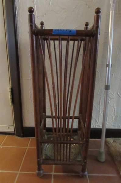 ANTIQUE WOOD UMBRELLA STAND WITH CANES & WALKING STICKS
