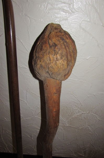 ANTIQUE WOOD UMBRELLA STAND WITH CANES & WALKING STICKS