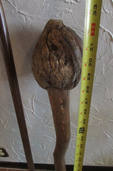 ANTIQUE WOOD UMBRELLA STAND WITH CANES & WALKING STICKS