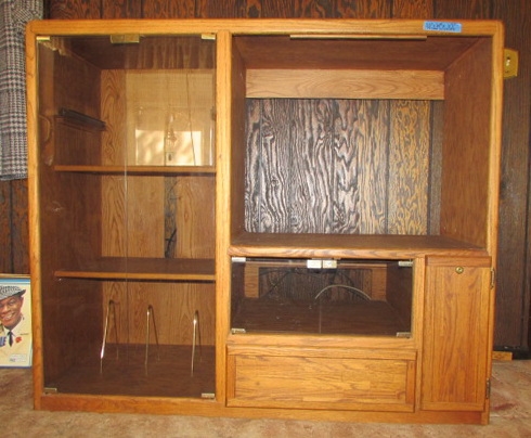 SOLID OAK MEDIA CABINET WITH GLASS DOORS
