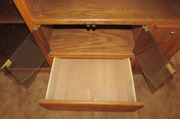 SOLID OAK MEDIA CABINET WITH GLASS DOORS