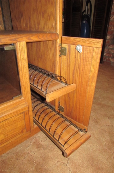 SOLID OAK MEDIA CABINET WITH GLASS DOORS