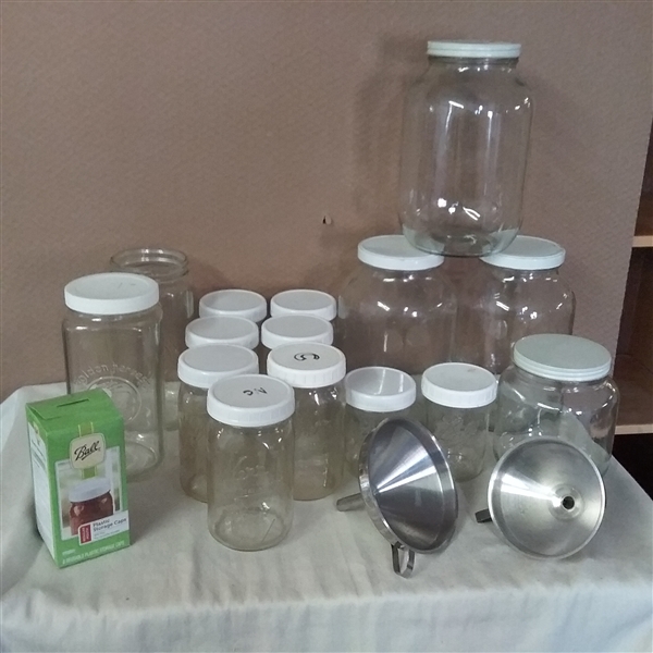 LARGE JARS, CANNING JARS, LIDS AND FUNNELS 