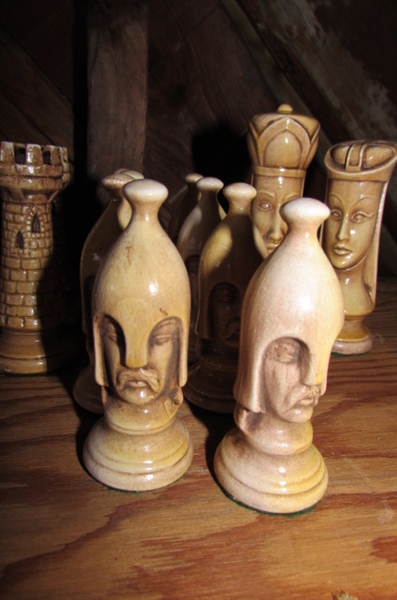 WOOD CARVED CHESS PIECES *LOCATED AT ESTATE*