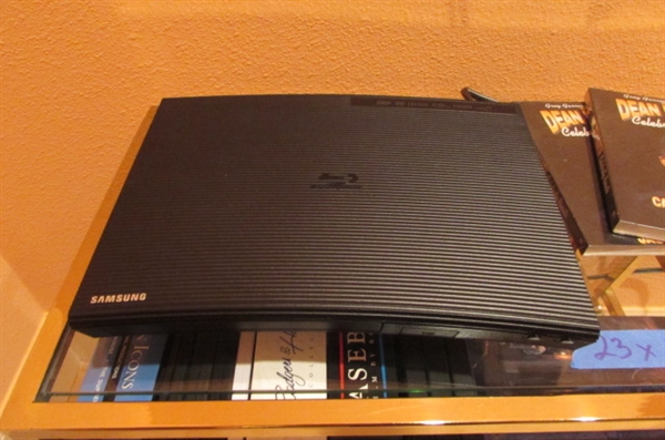SMALL SIDE TABLE WITH DVD PLAYER/VCR/DVD'S & VHS MOVIES