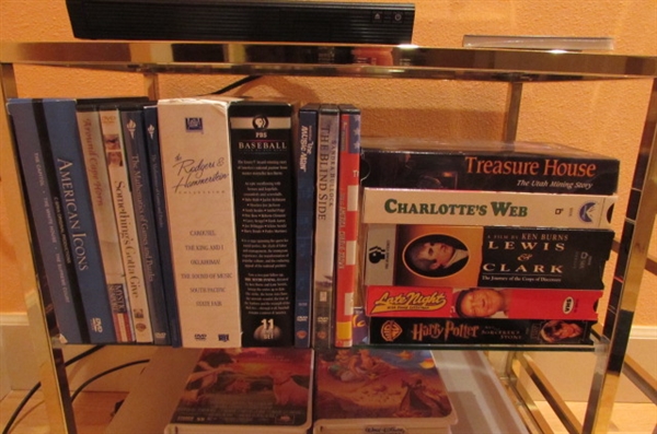 SMALL SIDE TABLE WITH DVD PLAYER/VCR/DVD'S & VHS MOVIES