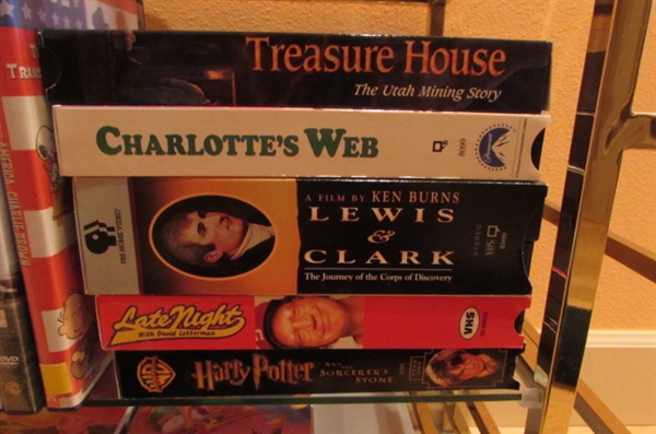 SMALL SIDE TABLE WITH DVD PLAYER/VCR/DVD'S & VHS MOVIES