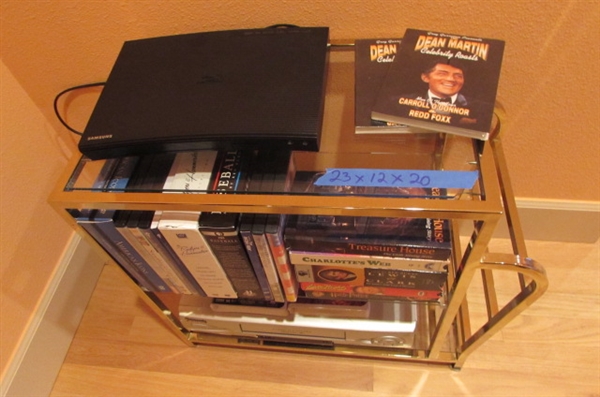 SMALL SIDE TABLE WITH DVD PLAYER/VCR/DVD'S & VHS MOVIES