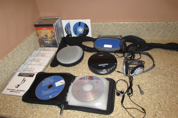 COBY DIGITAL CD PLAYER, CASE, HEADPHONES & CDS