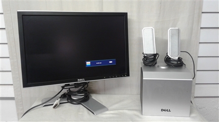 DELL COMPUTER MONITOR, SUB WOOFER, AND SPEAKERS